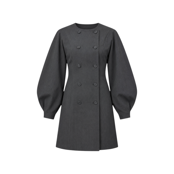The Tiny Finch Audrey charcoal mini dress with sculpted sleeves and an asymmetric double-breasted button front.