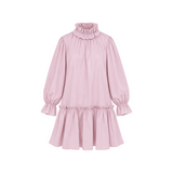The Tiny Finch Demi pink dress with high ruffled neckline, long sleeves, and a tiered ruffle hem in a relaxed fit.