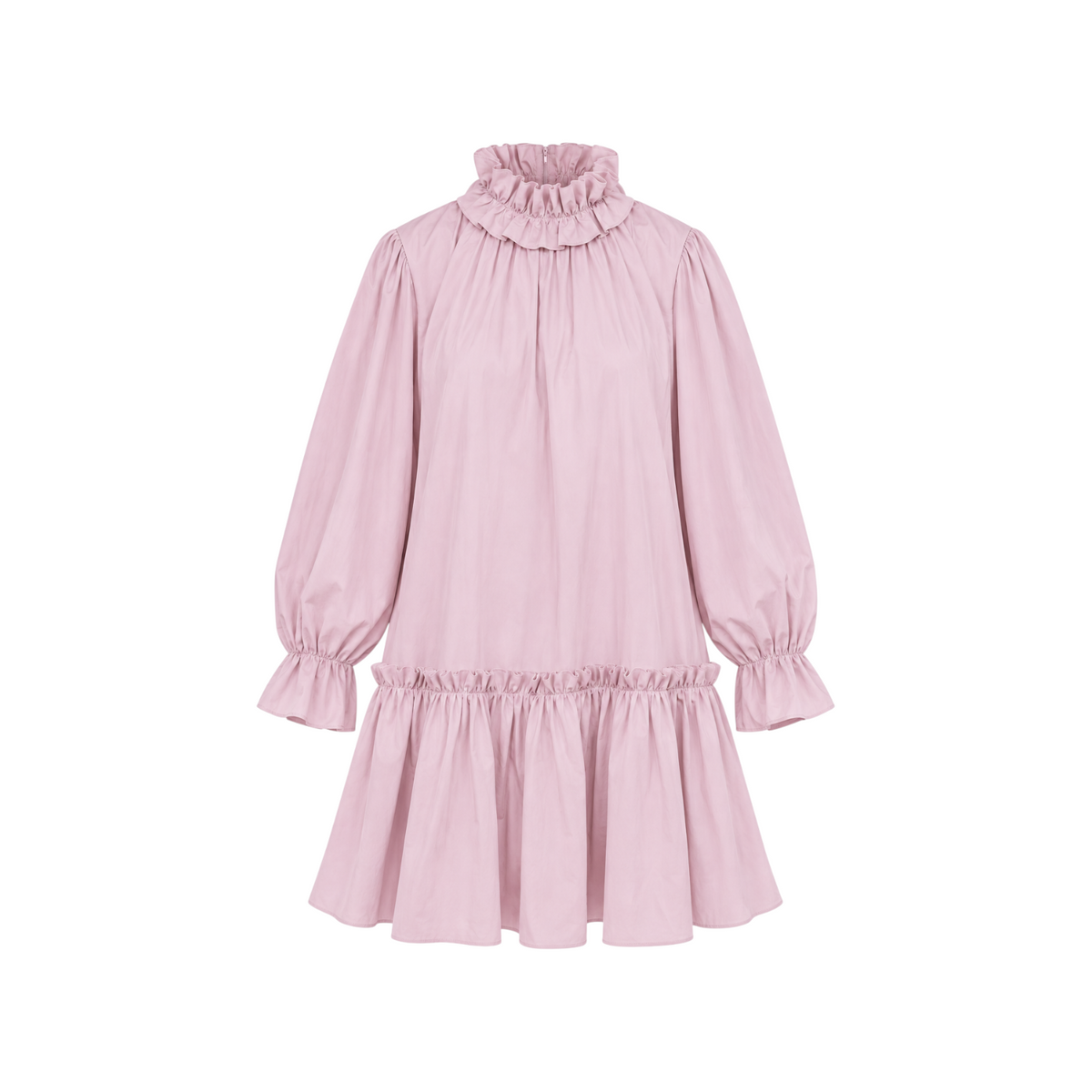 The Tiny Finch Demi pink dress with high ruffled neckline, long sleeves, and a tiered ruffle hem in a relaxed fit.