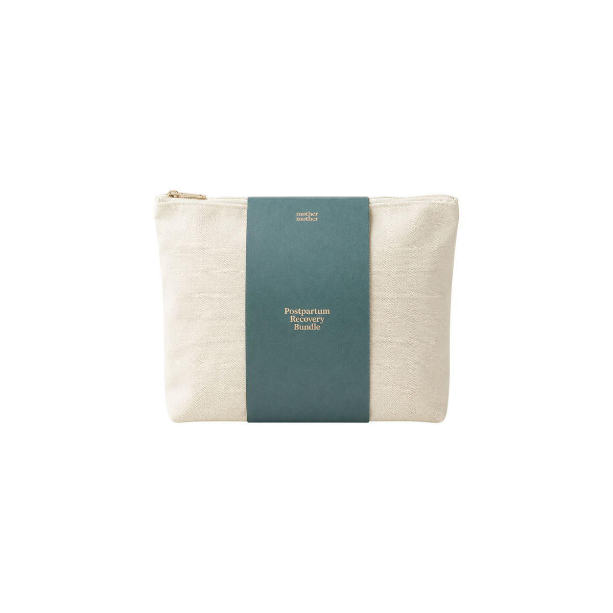 The Tiny Finch postpartum recovery bundle in a reusable cream canvas zippered bag with a teal information band.