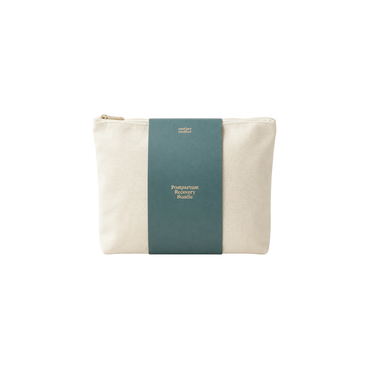 The Tiny Finch postpartum recovery bundle in a reusable cream canvas zippered bag with a teal information band.