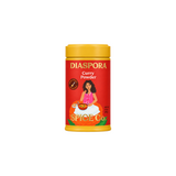 The Tiny Finch Diaspora Curry Powder in a bright red and yellow cylindrical tin with illustrated label.