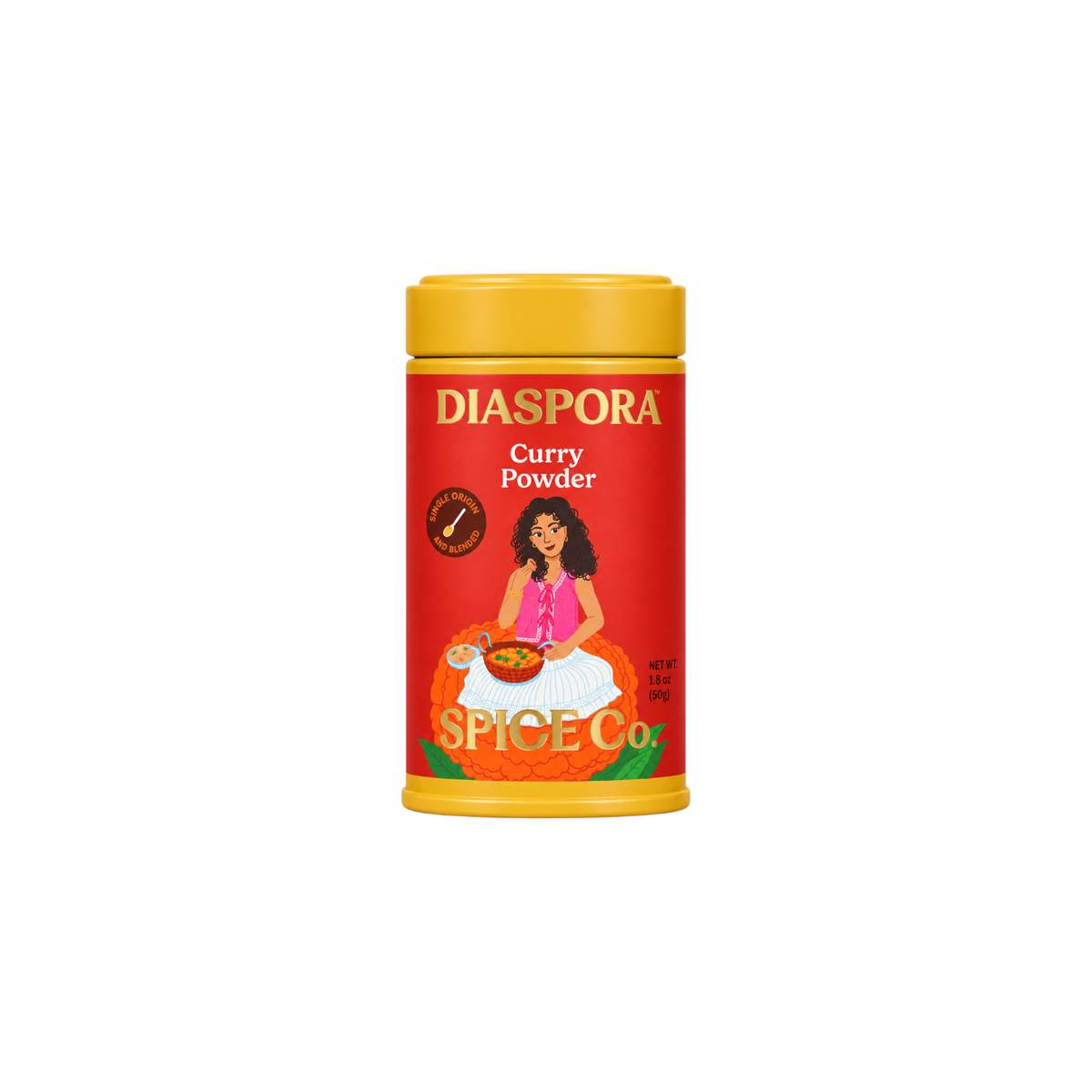 The Tiny Finch Diaspora Curry Powder in a bright red and yellow cylindrical tin with illustrated label.