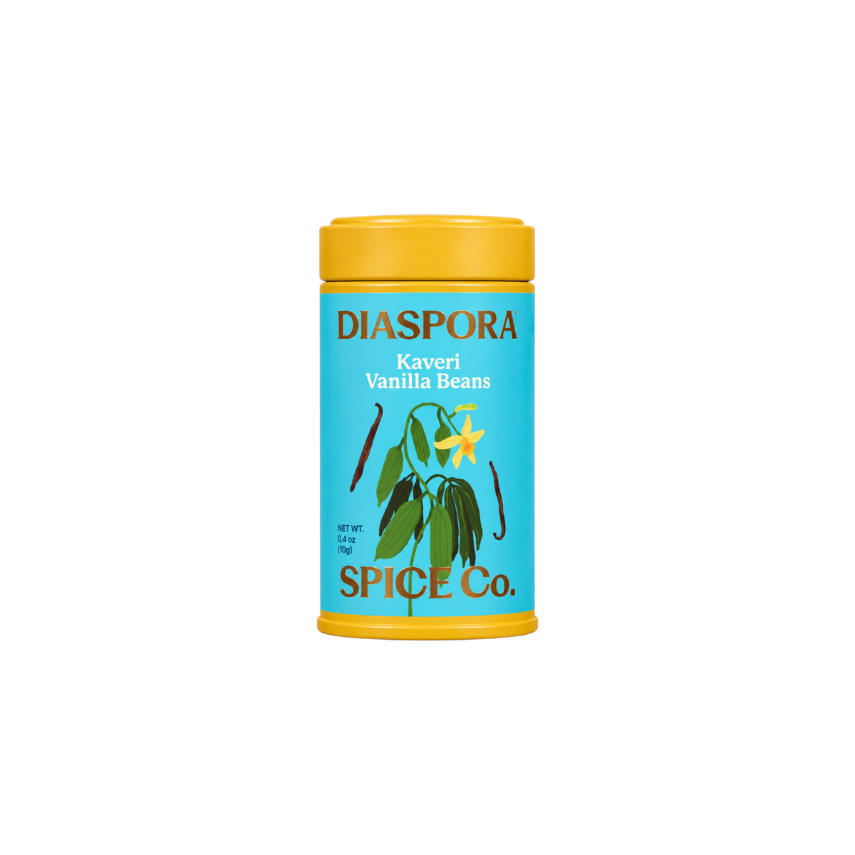 The Tiny Finch Diaspora Kaveri Vanilla beans in a bright blue and yellow cylindrical spice tin