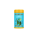 The Tiny Finch Diaspora Kaveri Vanilla beans in a bright blue and yellow cylindrical spice tin