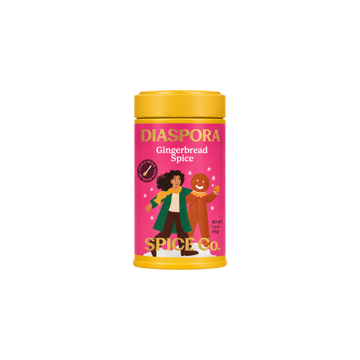The Tiny Finch Diaspora Gingerbread Spice tin with a pink label featuring a gingerbread man and winter illustration.