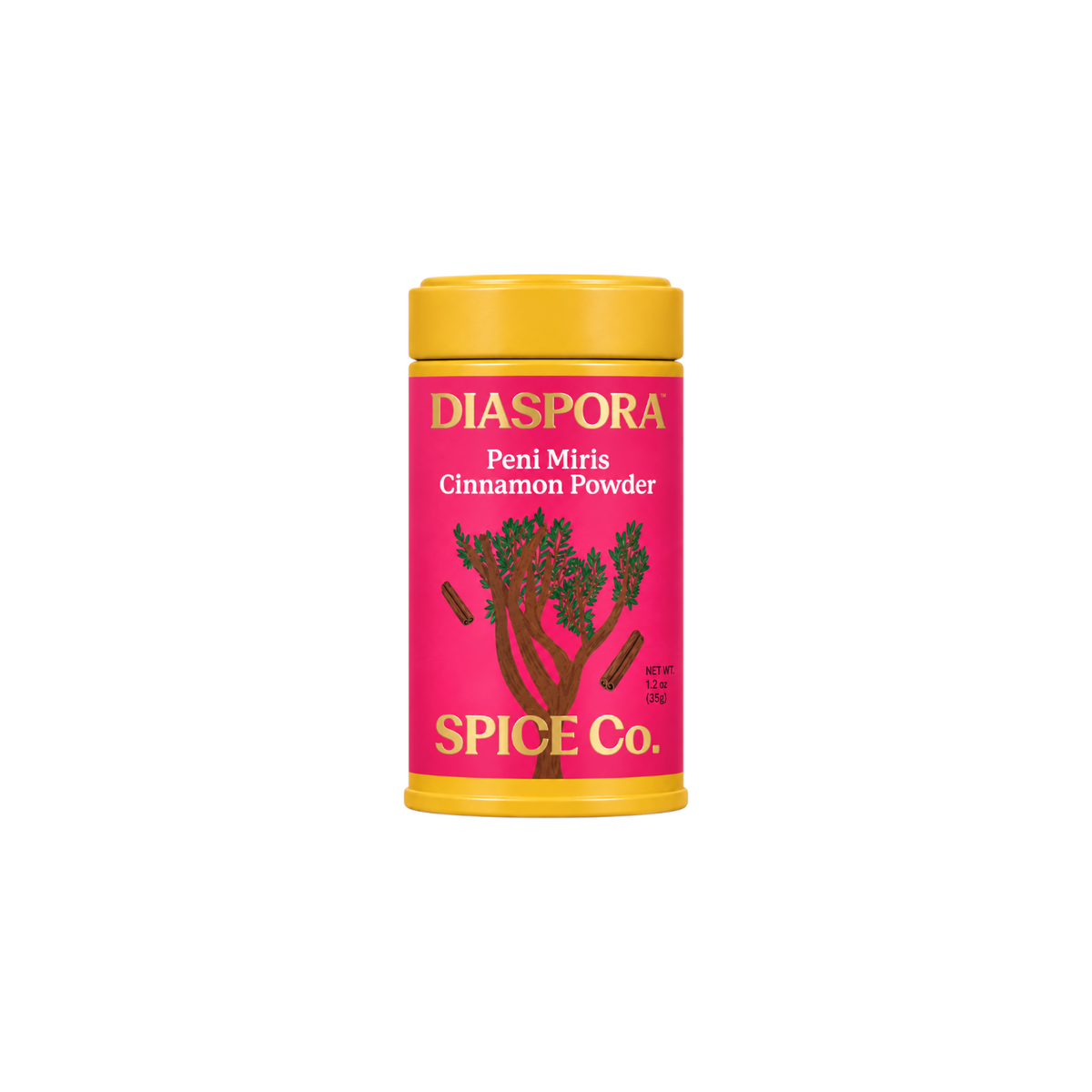 The Tiny Finch Diaspora Peni Miris Cinnamon Powder in a bright pink canister with yellow lid and tree illustration.