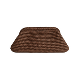 The Tiny Finch Bembien Costa brown raffia coin purse clutch with a structured organic shape and slim cutout handles.