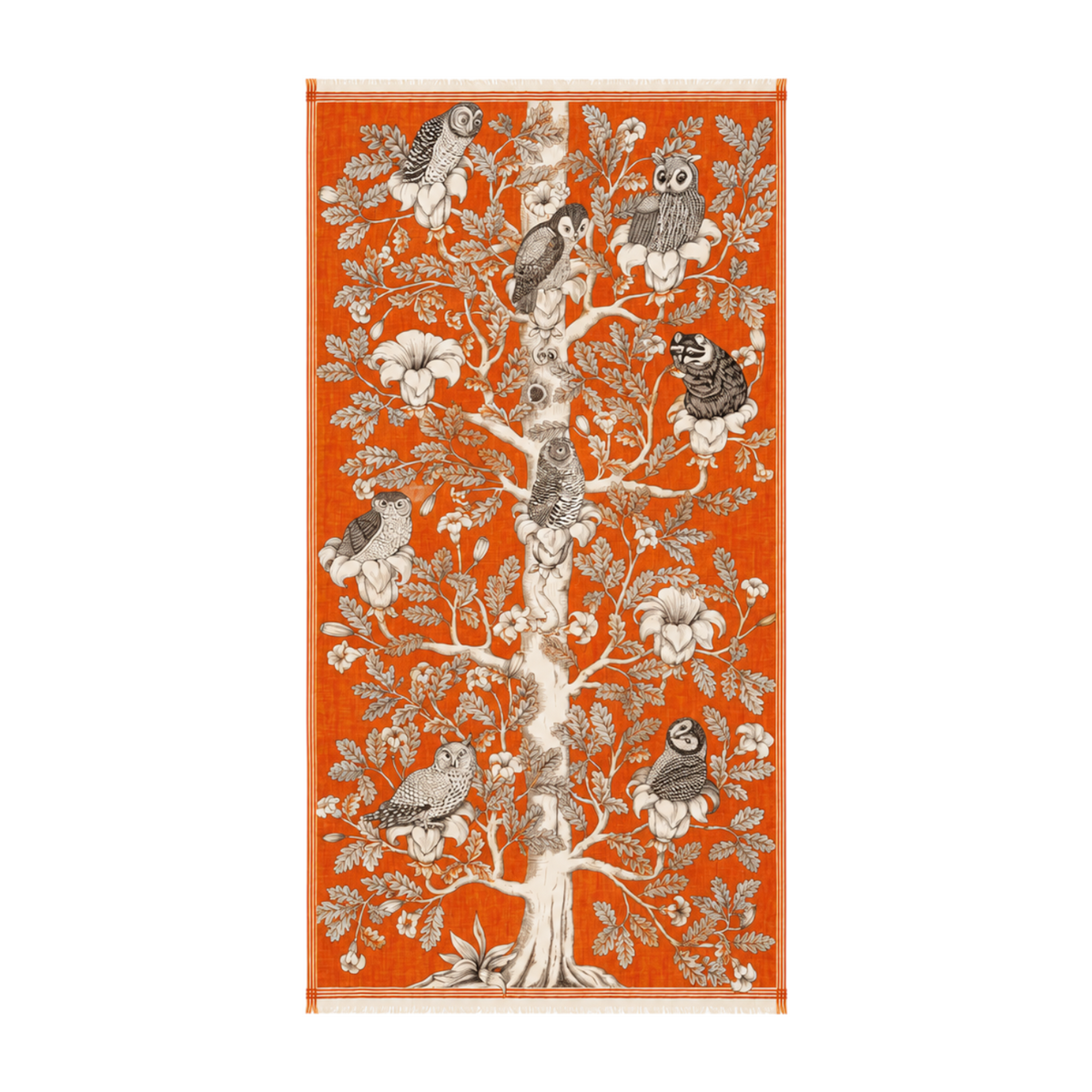 The Tiny Finch Archimede orange wool scarf featuring a detailed black and white owl family tree illustration.