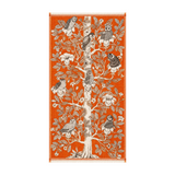 The Tiny Finch Archimede orange wool scarf featuring a detailed black and white owl family tree illustration.