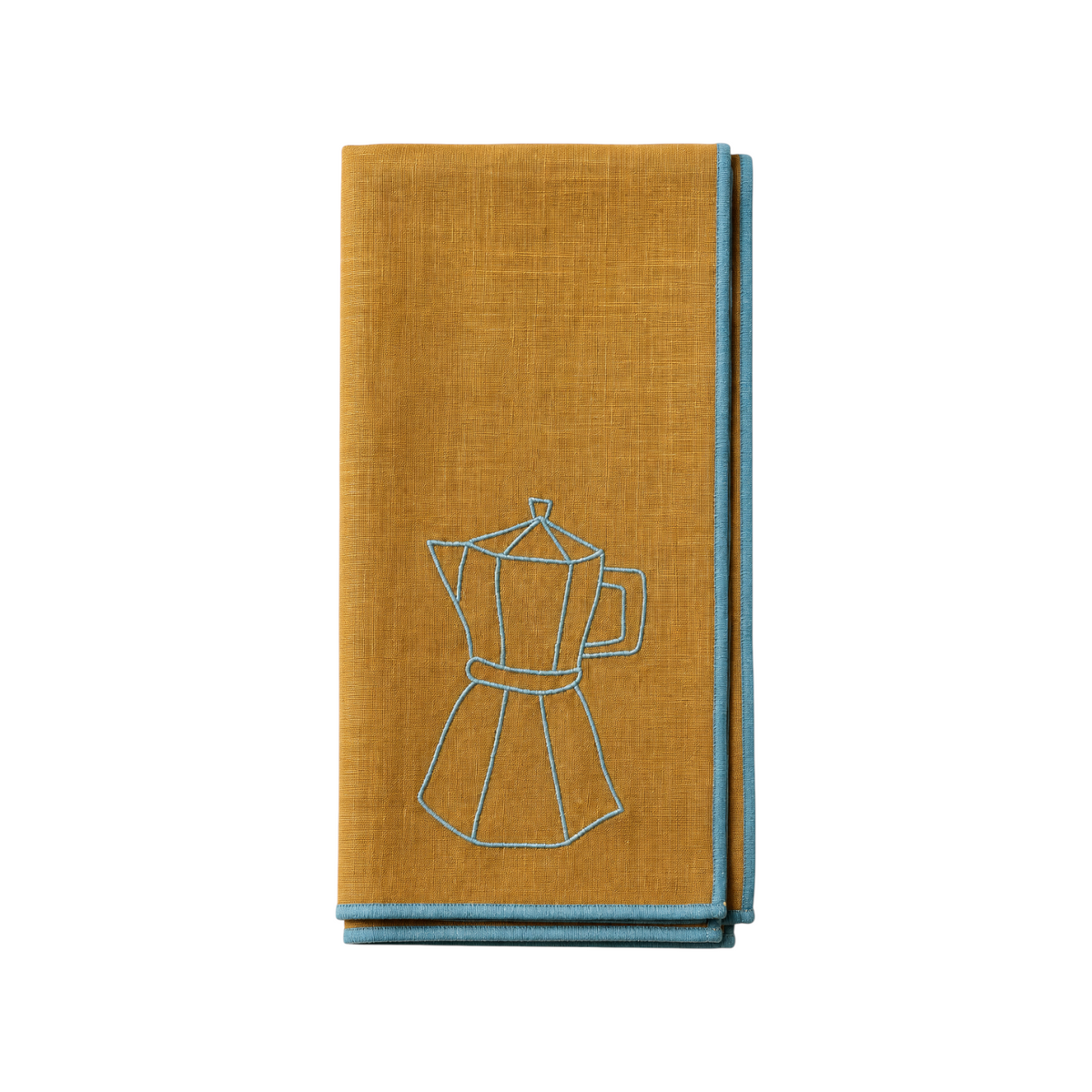 The Tiny Finch linen blend napkin in mustard yellow with light blue cafetiere embroidery and matching blue trim.