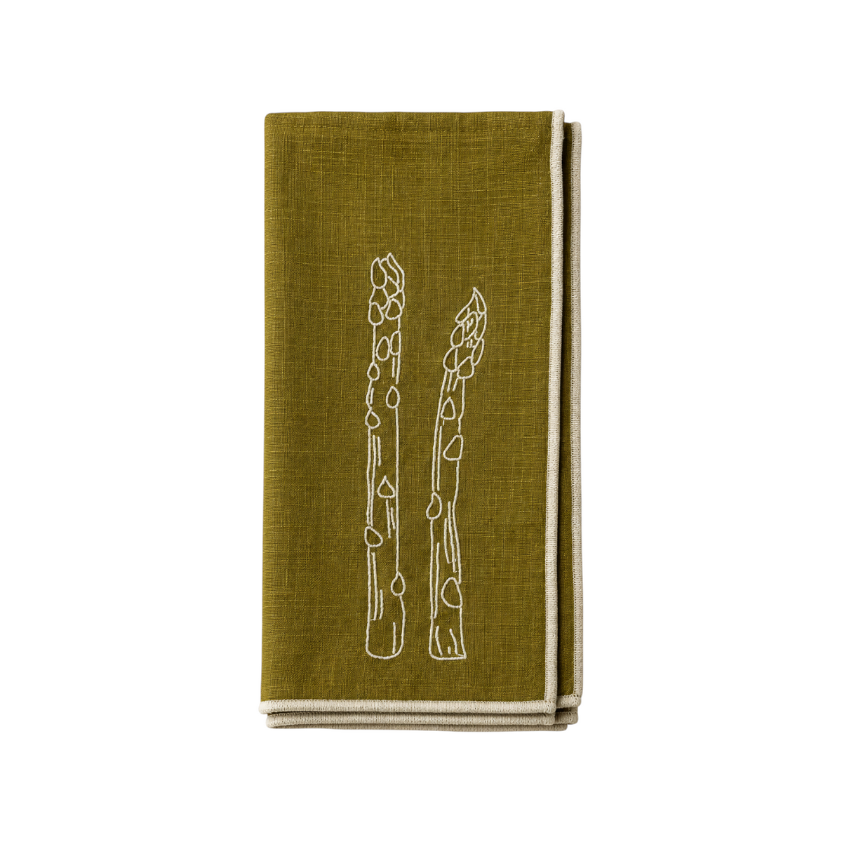 The Tiny Finch Maegen linen blend napkin in asparagus green featuring a white embroidered asparagus stalk pattern.