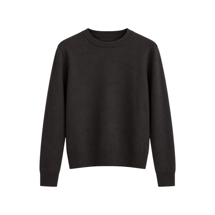 The Tiny Finch Womad Coco crew-neck sweater in dark brown cashmere with a soft knit texture and ribbed trim.