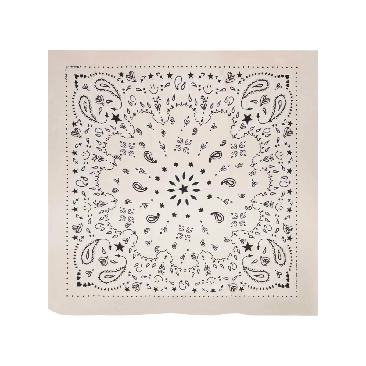 The Tiny Finch ecru silk bandana featuring a delicate black star and paisley print pattern, made in Italy.
