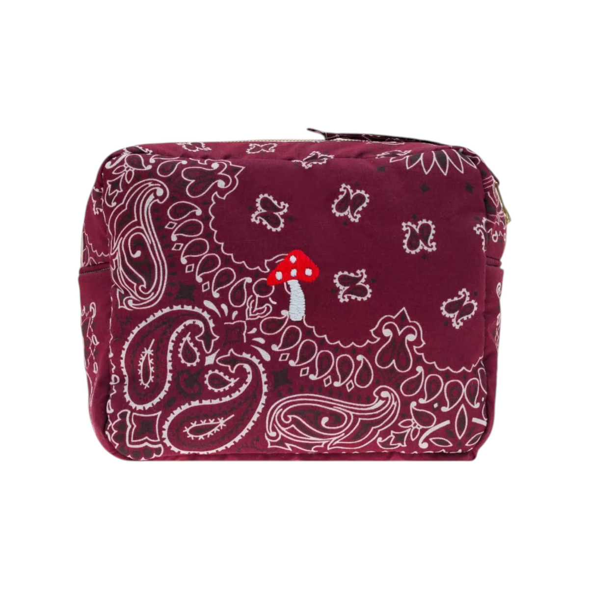The Tiny Finch rectangular bordeaux toiletry bag with white paisley print and a small embroidered mushroom detail.