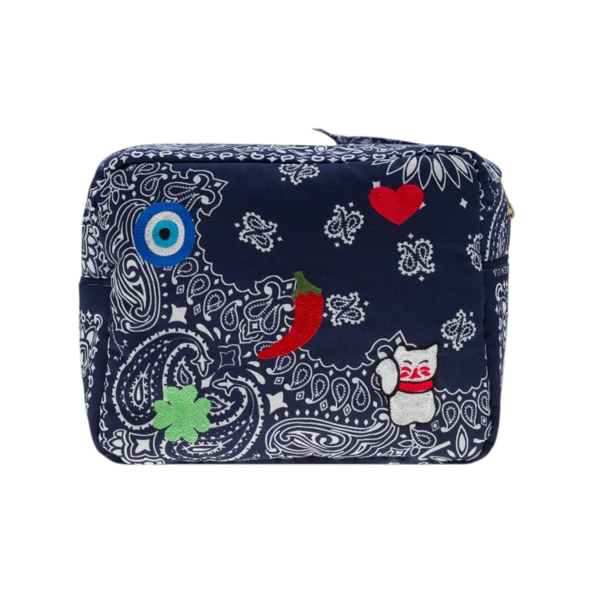 The Tiny Finch navy rectangle vanity bag featuring a white paisley print and embroidered emoji patches.