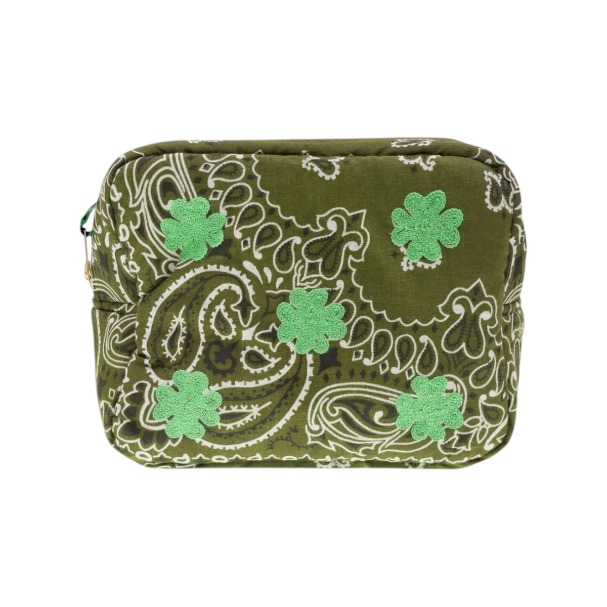 The Tiny Finch rectangular bronze green paisley vanity bag featuring embroidered green clover emoji details.