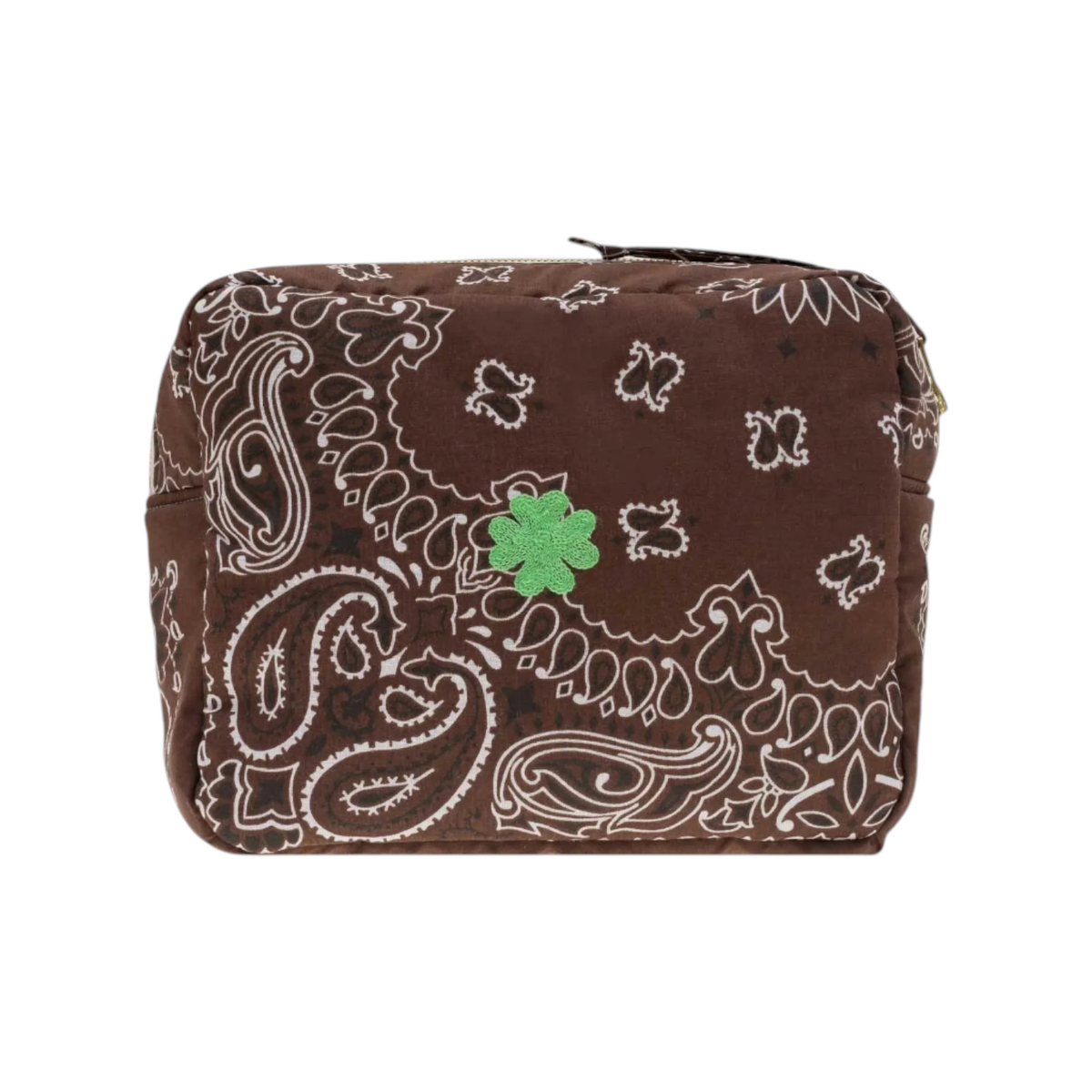The Tiny Finch brown rectangular vanity bag featuring a white paisley print and a small green clover embroidery