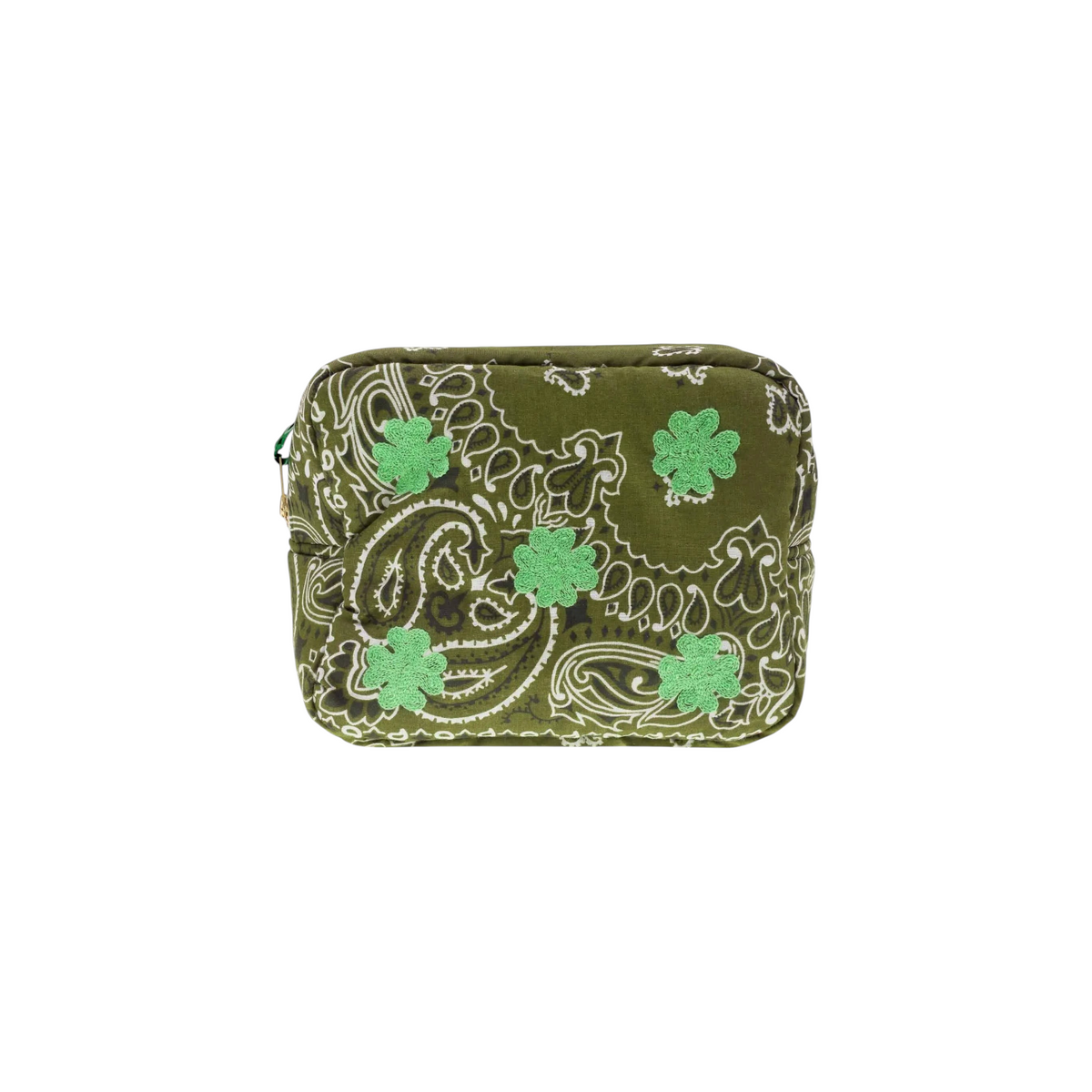 The Tiny Finch bronze green rectangular vanity bag featuring a white paisley bandana print and embroidered clover motifs