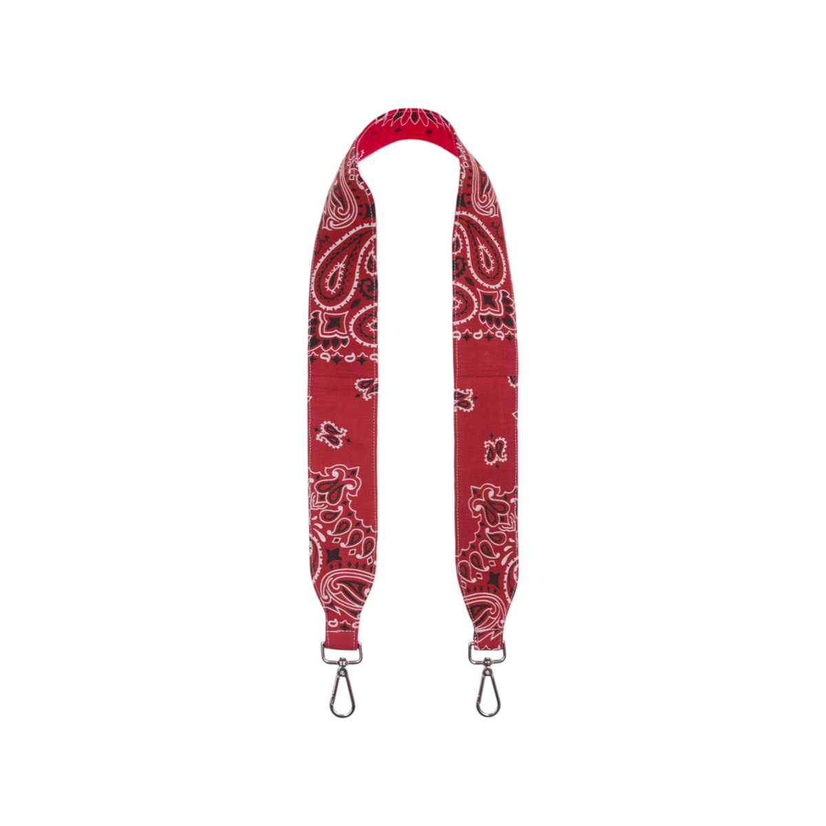 The Tiny Finch vintage red bandana print purse strap with silver swivel clips for customizable bag styling.