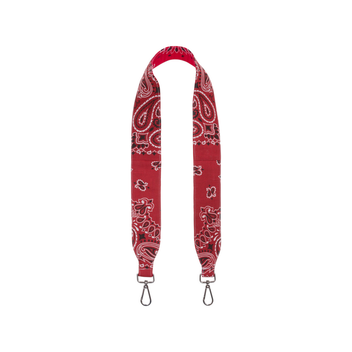 The Tiny Finch vintage red bandana print purse strap with silver swivel clips for customizable bag styling.