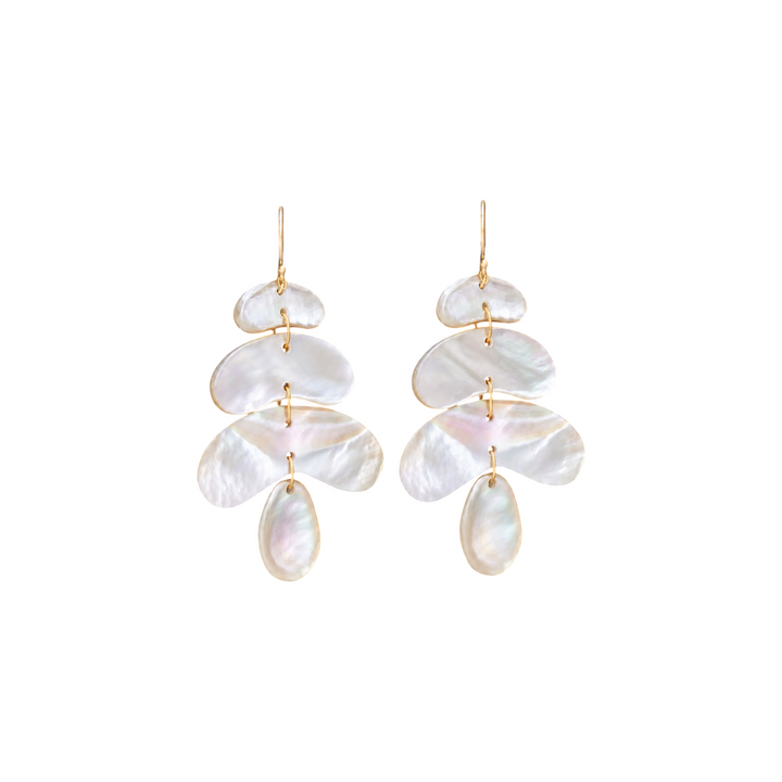 The Tiny Finch small flat totem earrings featuring hand-cut mother of pearl stones on 18K gold ear wires.