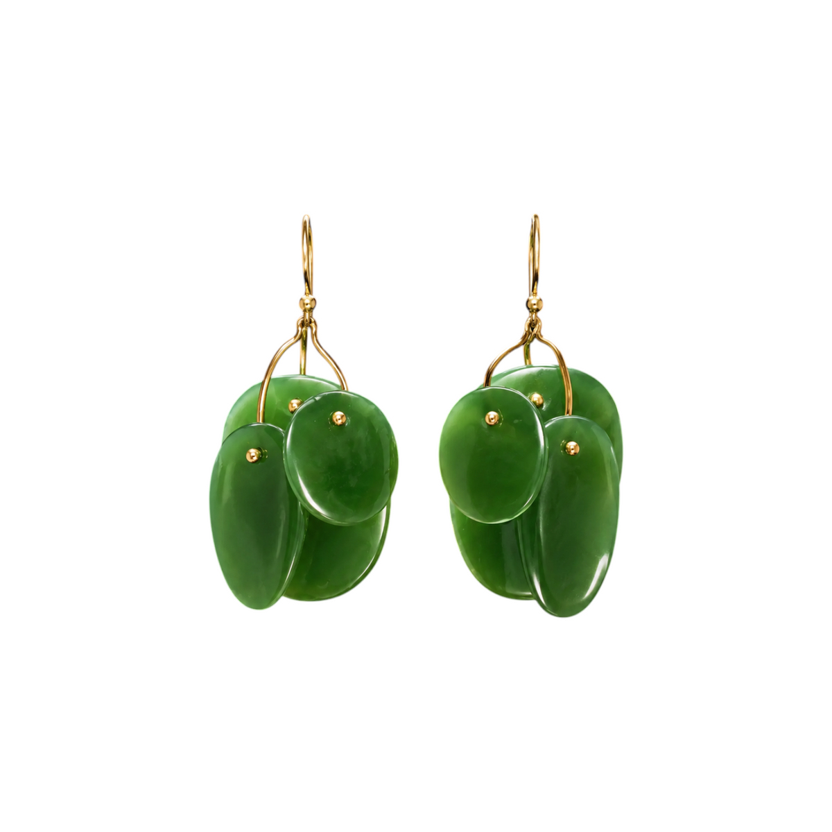 The Tiny Finch jade mobile earrings featuring hand-cut green stone discs on 18k gold ear wires and delicate castings.