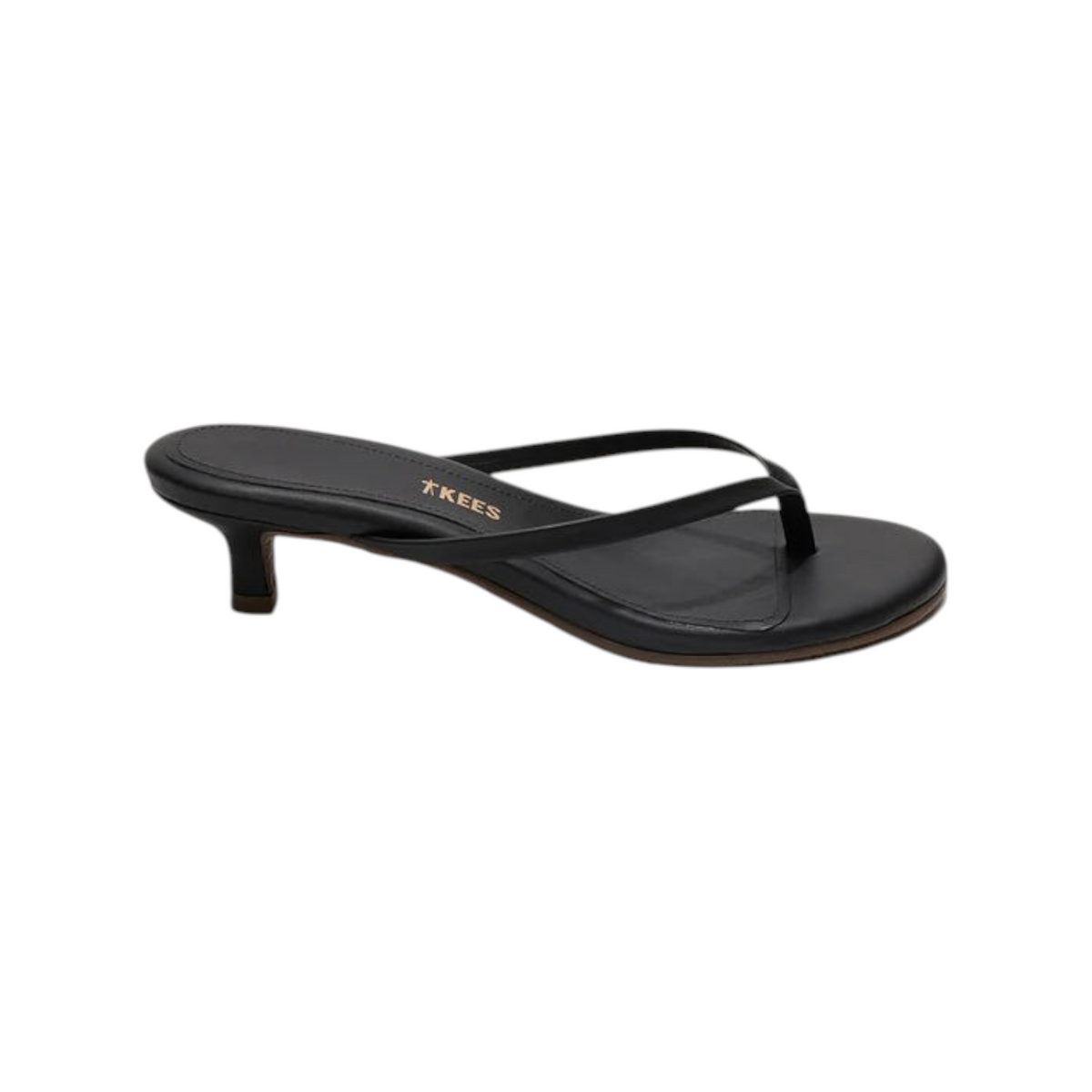 The Tiny Finch Julia Sable kitten heel thong sandal in matte black leather with a one-inch heel and rubber outsole.