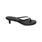 The Tiny Finch Julia Sable kitten heel thong sandal in matte black leather with a one-inch heel and rubber outsole.