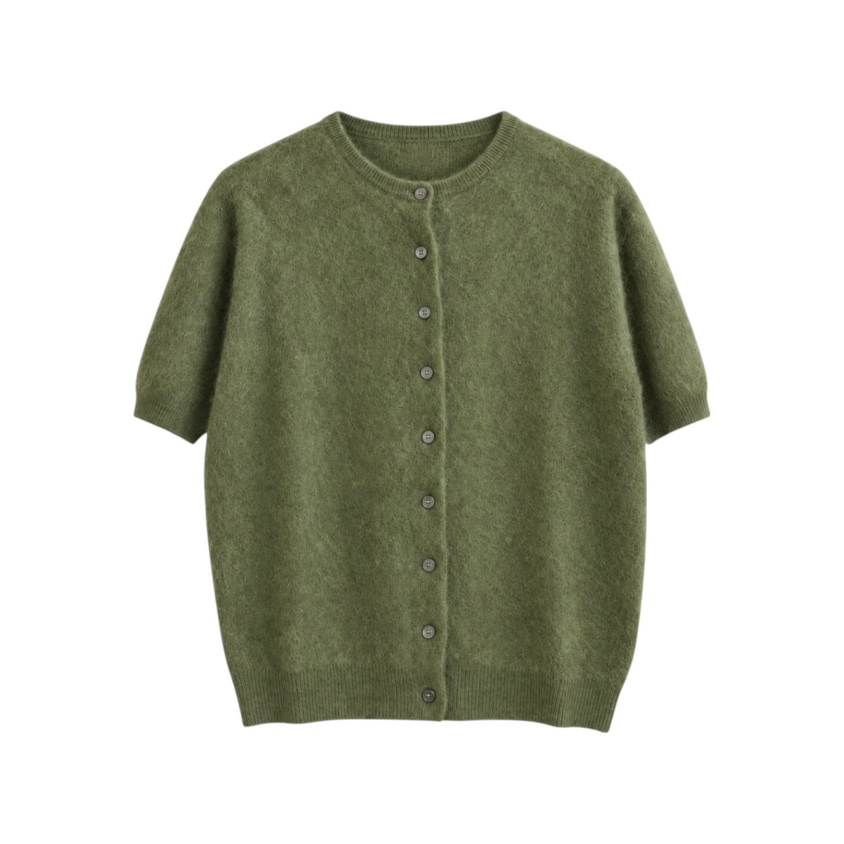 The Tiny Finch Tee Cardi in kiwi green brushed cashmere with short sleeves and a button-front closure.
