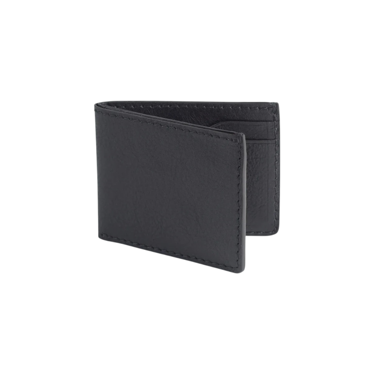 The Tiny Finch Jackson bi-fold wallet in black milled leather with signature curved card pockets and heat-creased edge