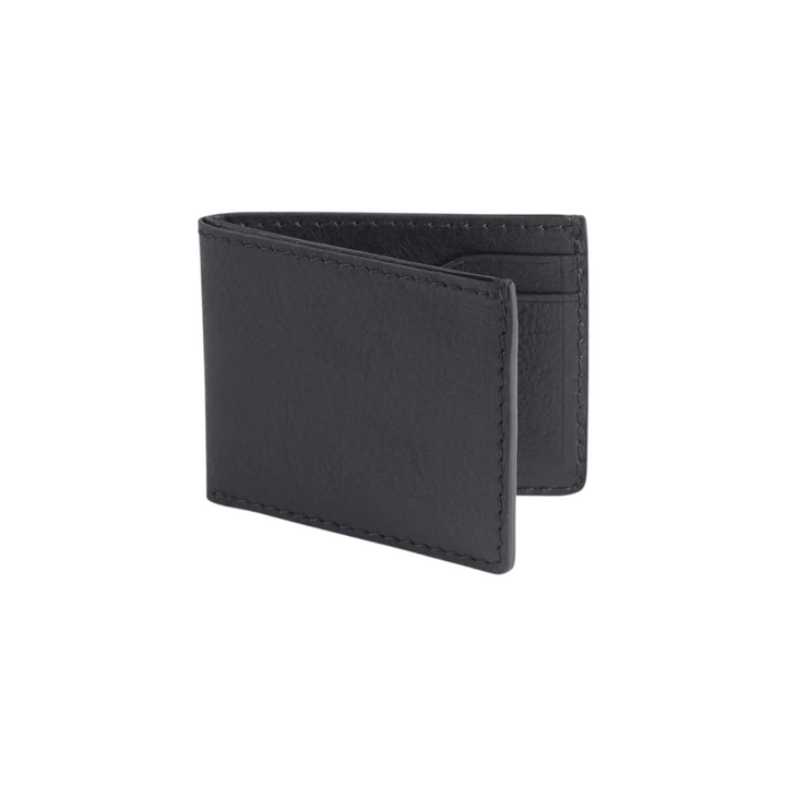 The Tiny Finch Jackson bi-fold wallet in black milled leather with signature curved card pockets and heat-creased edge