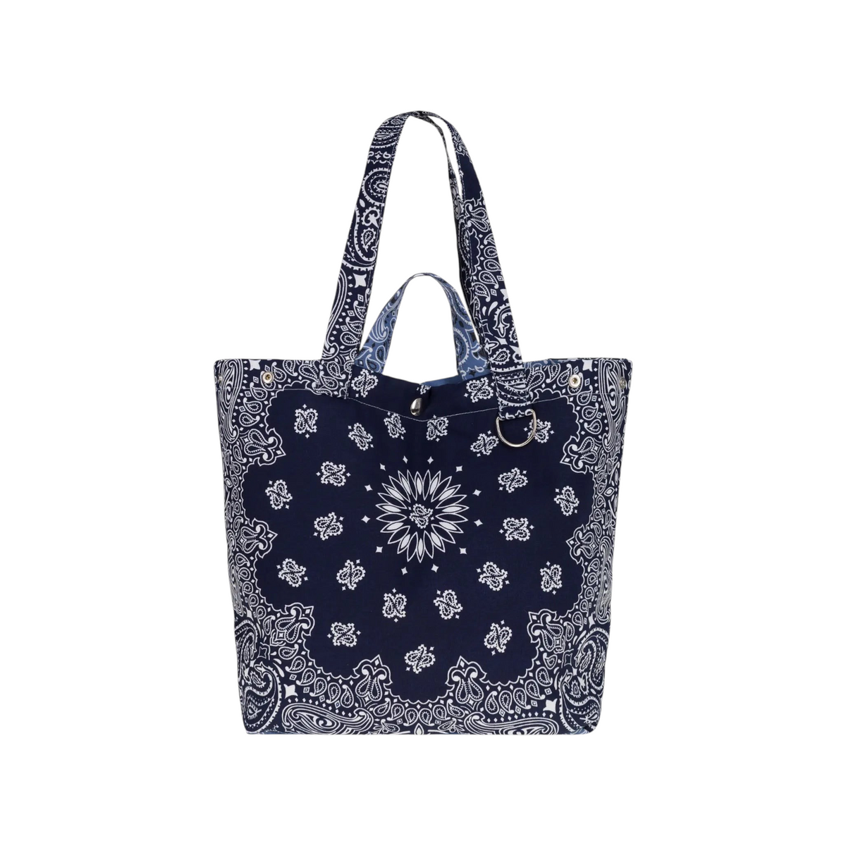 The Tiny Finch navy blue bandana print Maxi Tote with double handles, adjustable press studs, and metal D-ring detail.