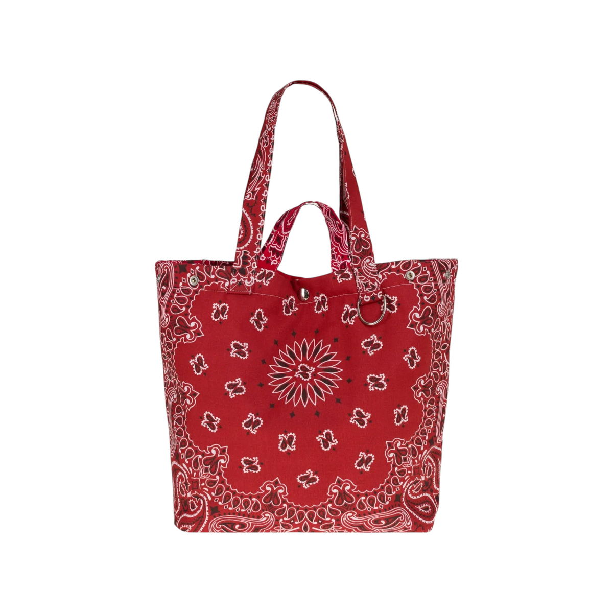 The Tiny Finch Maxi Tote in vintage red with a white bandana paisley print, double handles, and press stud details.