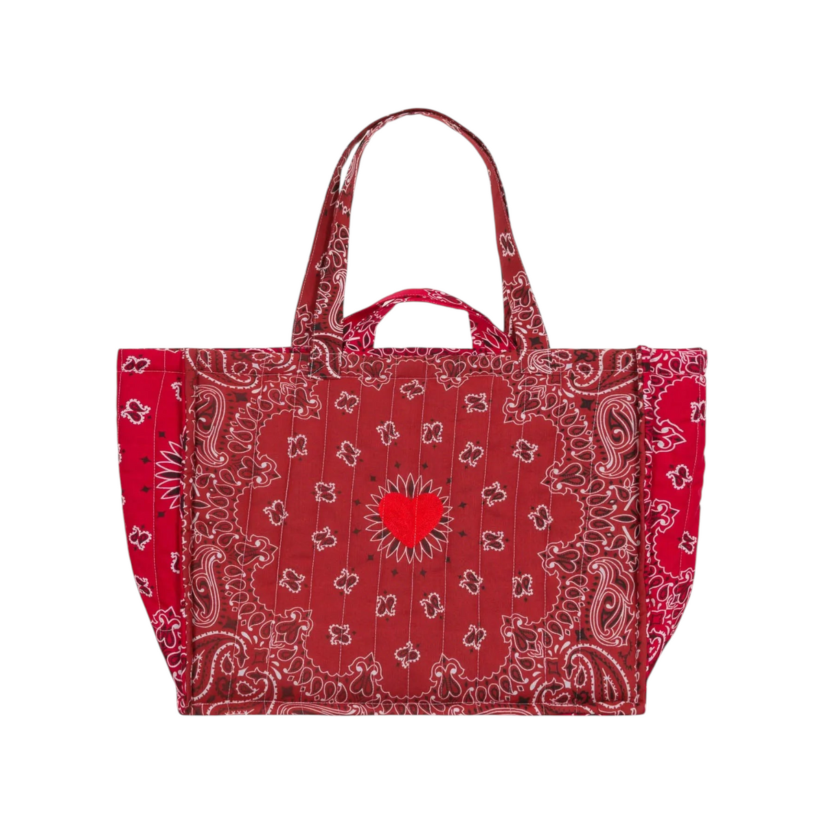 The Tiny Finch Maxi Cabas Coeur tote bag in vintage red with a quilted paisley pattern and embroidered heart detail.