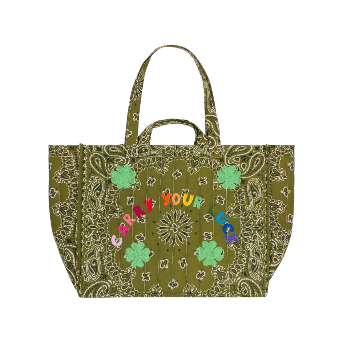 The Tiny Finch Maxi Cabas quilted bronze tote bag with green paisley print, embroidered clover, and colorful text.