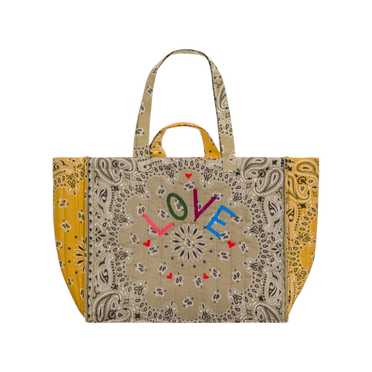The Tiny Finch beige quilted tote bag with paisley print, embroidered LOVE text, and dual shoulder and hand handles.