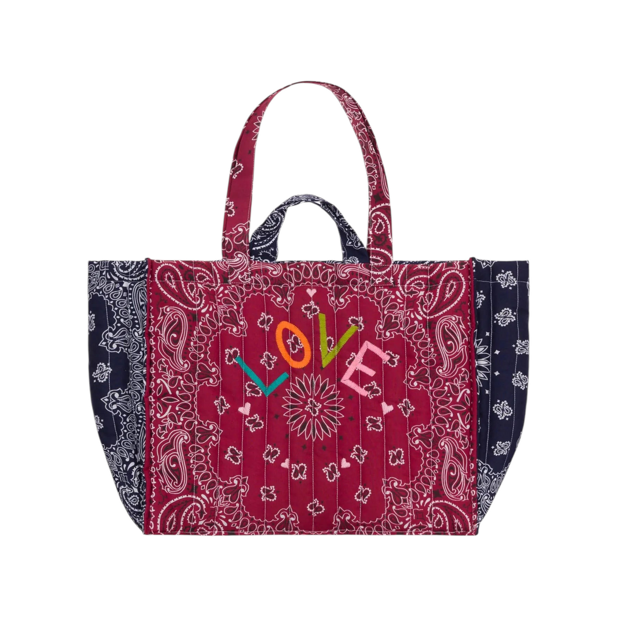 The Tiny Finch Maxi Cabas Love tote bag in bordeaux quilted fabric with embroidered colourful LOVE lettering