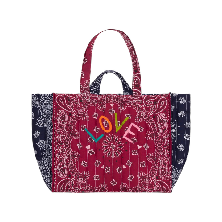 The Tiny Finch Maxi Cabas Love tote bag in bordeaux quilted fabric with embroidered colourful LOVE lettering