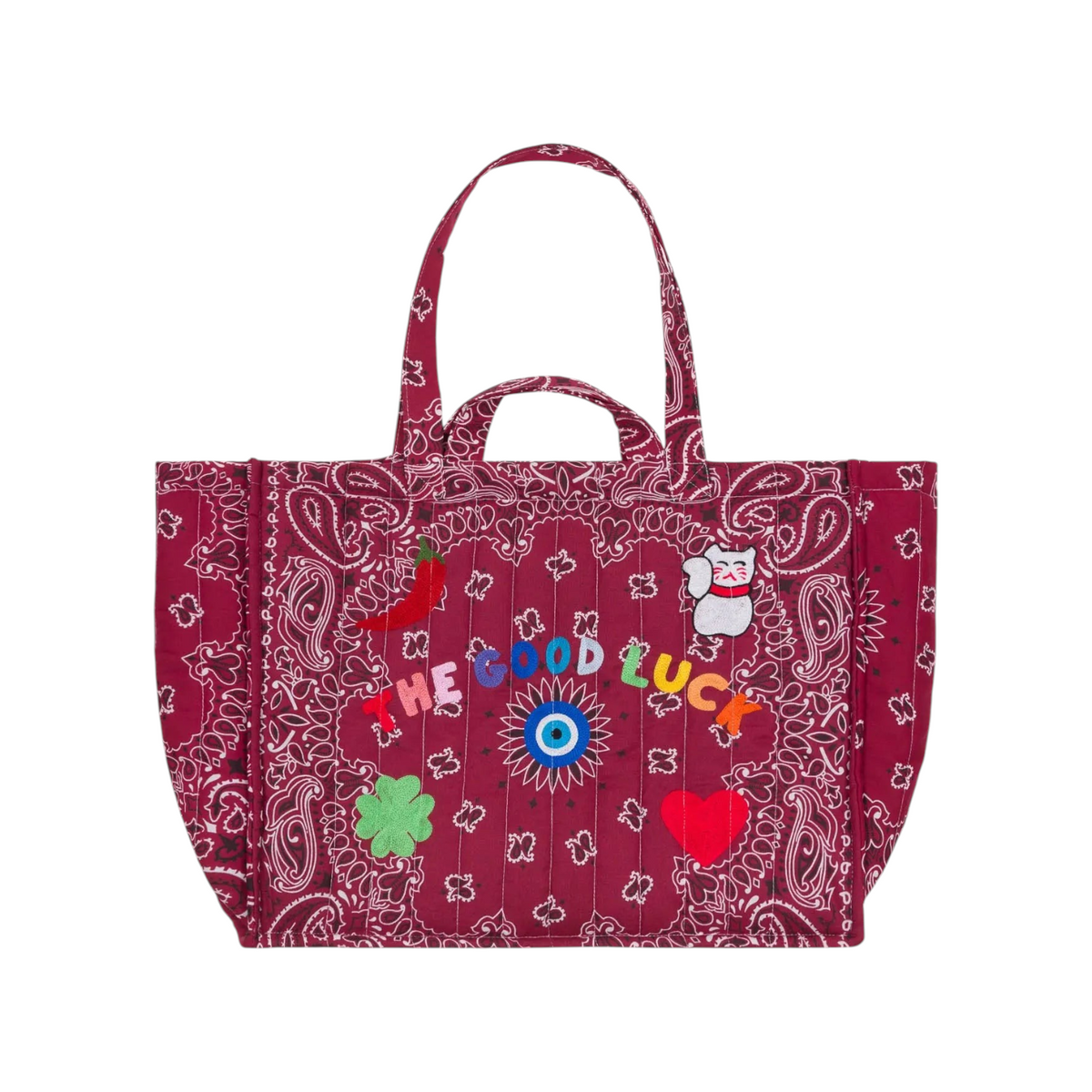 The Tiny Finch bordeaux quilted tote bag with paisley print, embroidered lucky charms, and four carry handles.