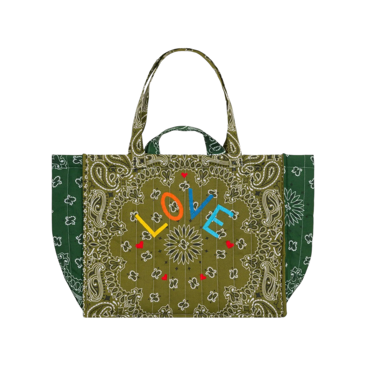 The Tiny Finch Maxi Cabas Love tote bag in olive green quilted paisley fabric with colorful embroidered LOVE text.