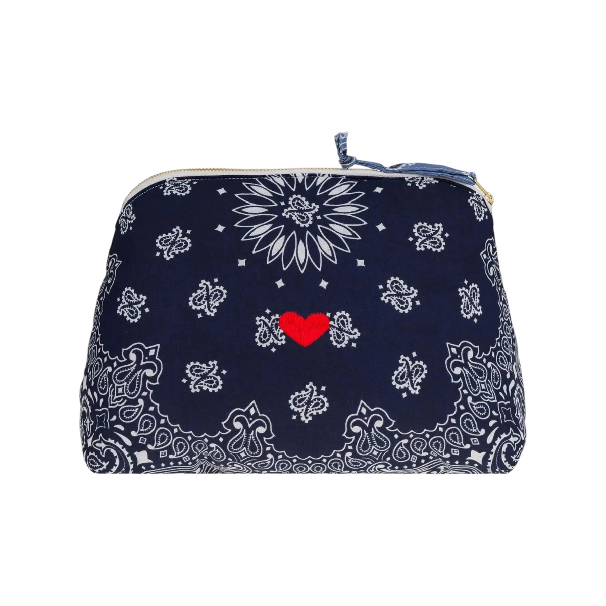 The Tiny Finch Vanity Large Coeur Navy toiletry bag in navy blue bandana print with a small red heart and gold zip.