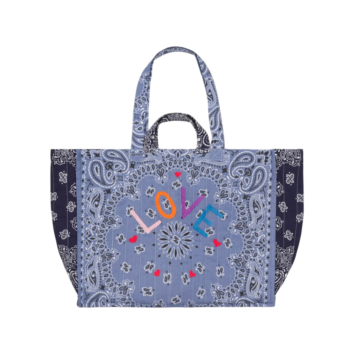 The Tiny Finch Maxi Cabas Love tote bag in quilted blue chambray with paisley print and colorful embroidered letters.