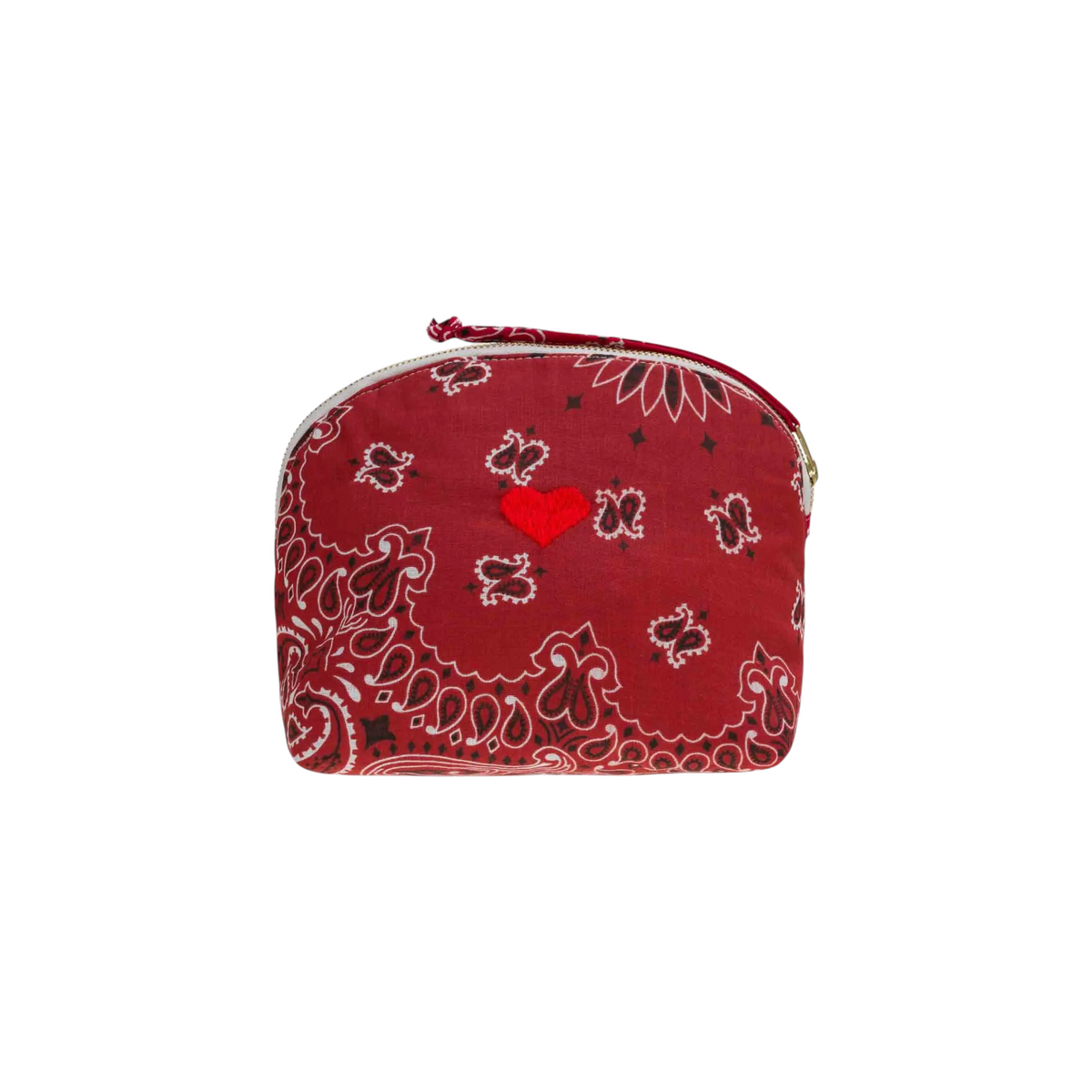 The Tiny Finch Vanity Small Coeur toiletry bag in vintage red bandana print with a small embroidered red heart.