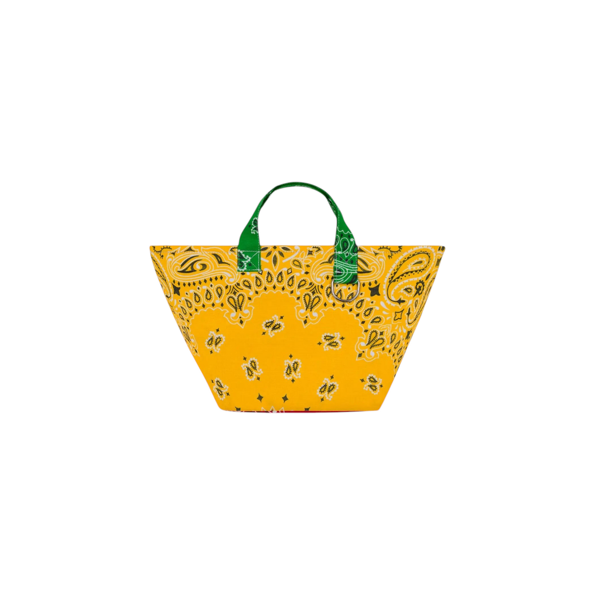 The Tiny Finch mini basket bag in yellow bandana print with green handles and silver rings for shoulder strap