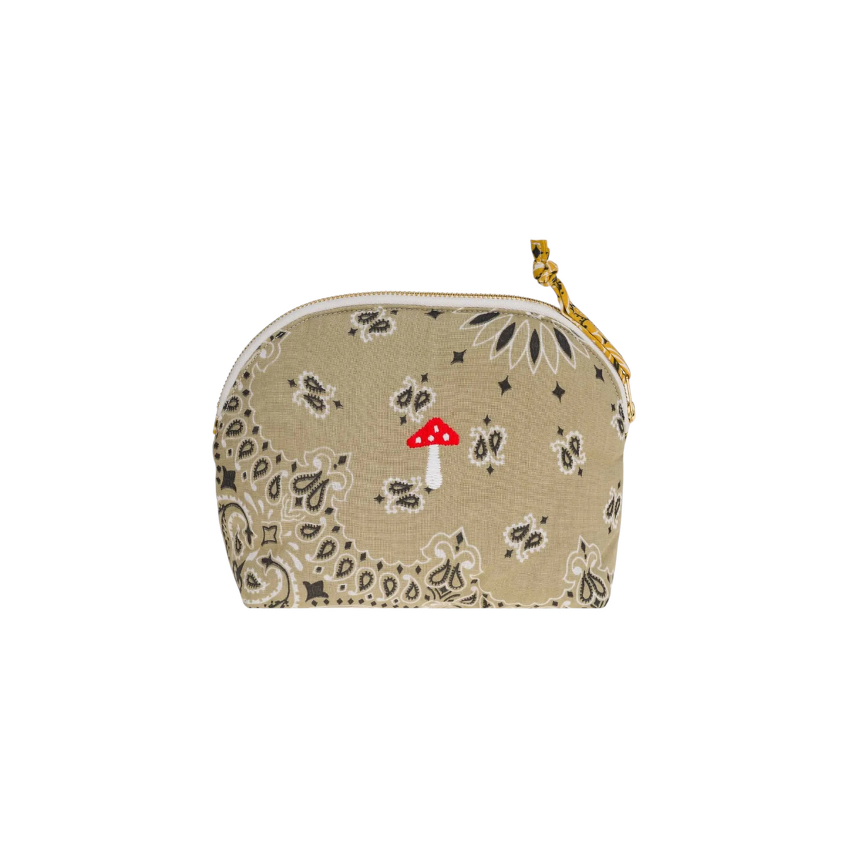 The Tiny Finch beige toiletry bag featuring a bandana print and a small embroidered red mushroom with a gold zipper.