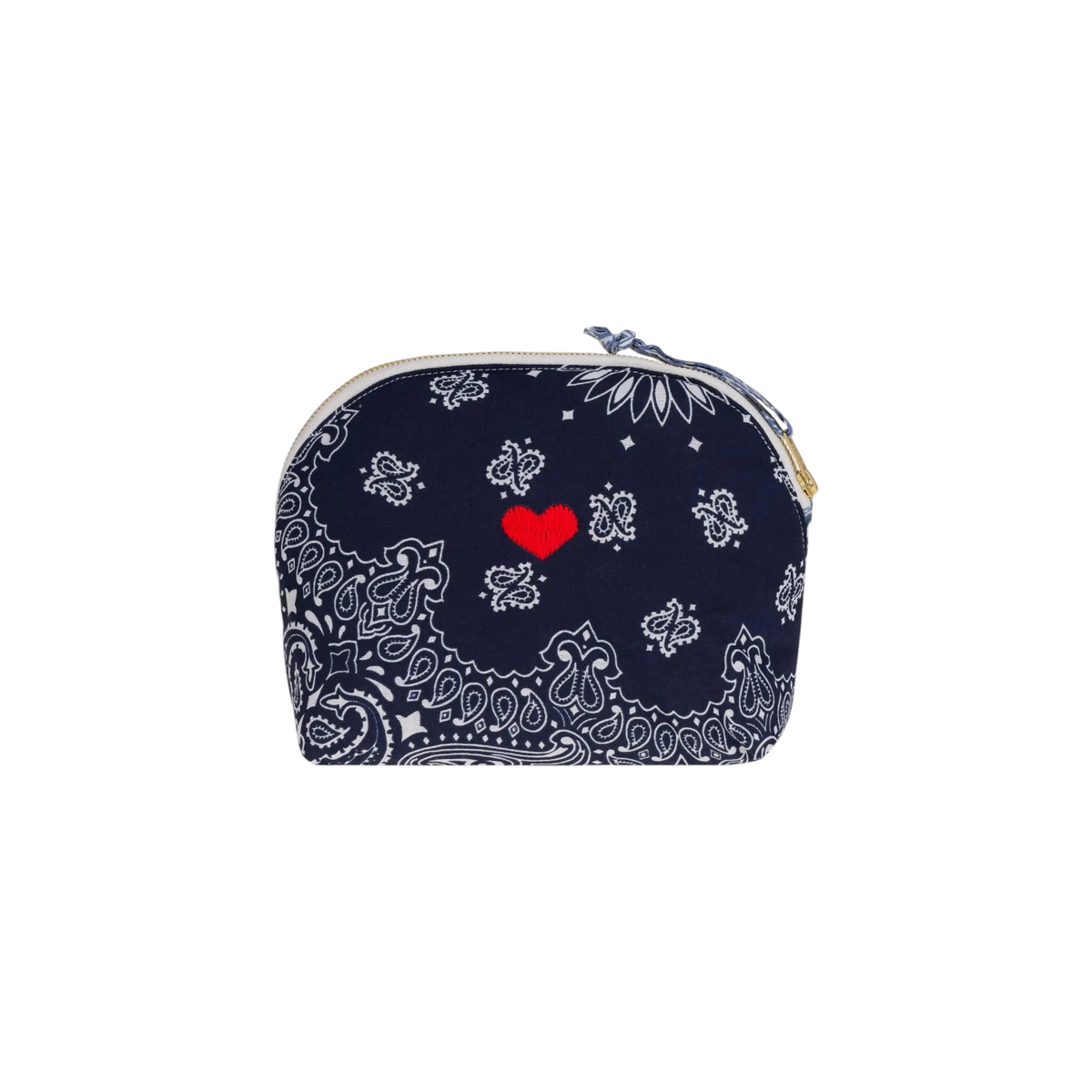The Tiny Finch Vanity Small Coeur navy blue toiletry bag with white paisley print and a red embroidered heart detail.