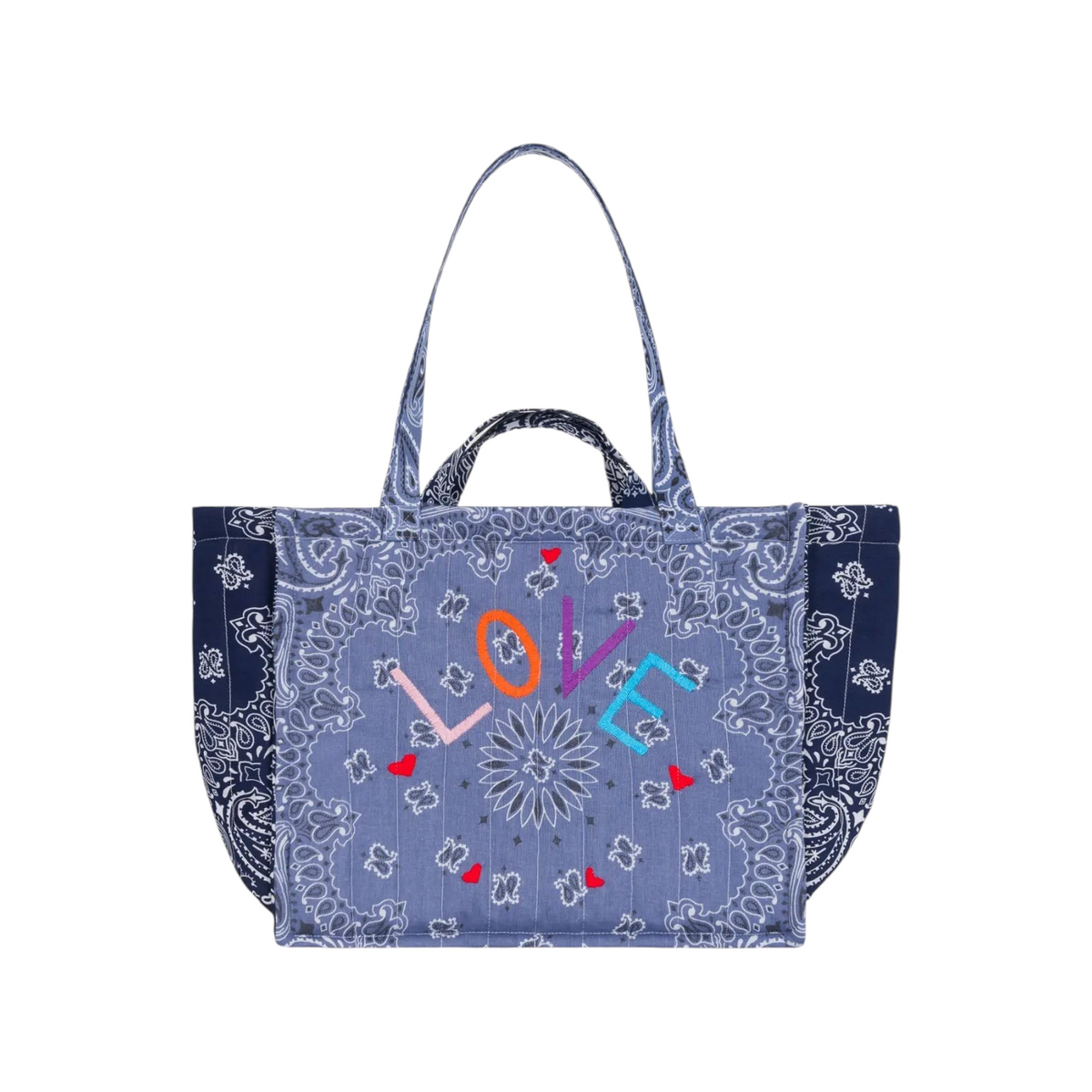 The Tiny Finch Moyen Cabas Love tote bag in blue chambray with quilted paisley print and colorful embroidered text.