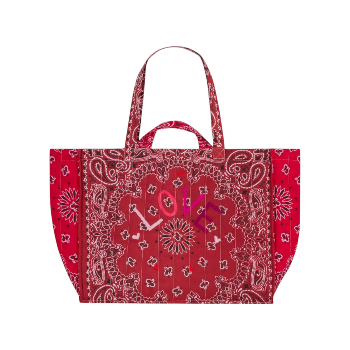 The Tiny Finch Maxi Cabas Love tote bag in vintage red with paisley print, quilted texture, and embroidered lettering.