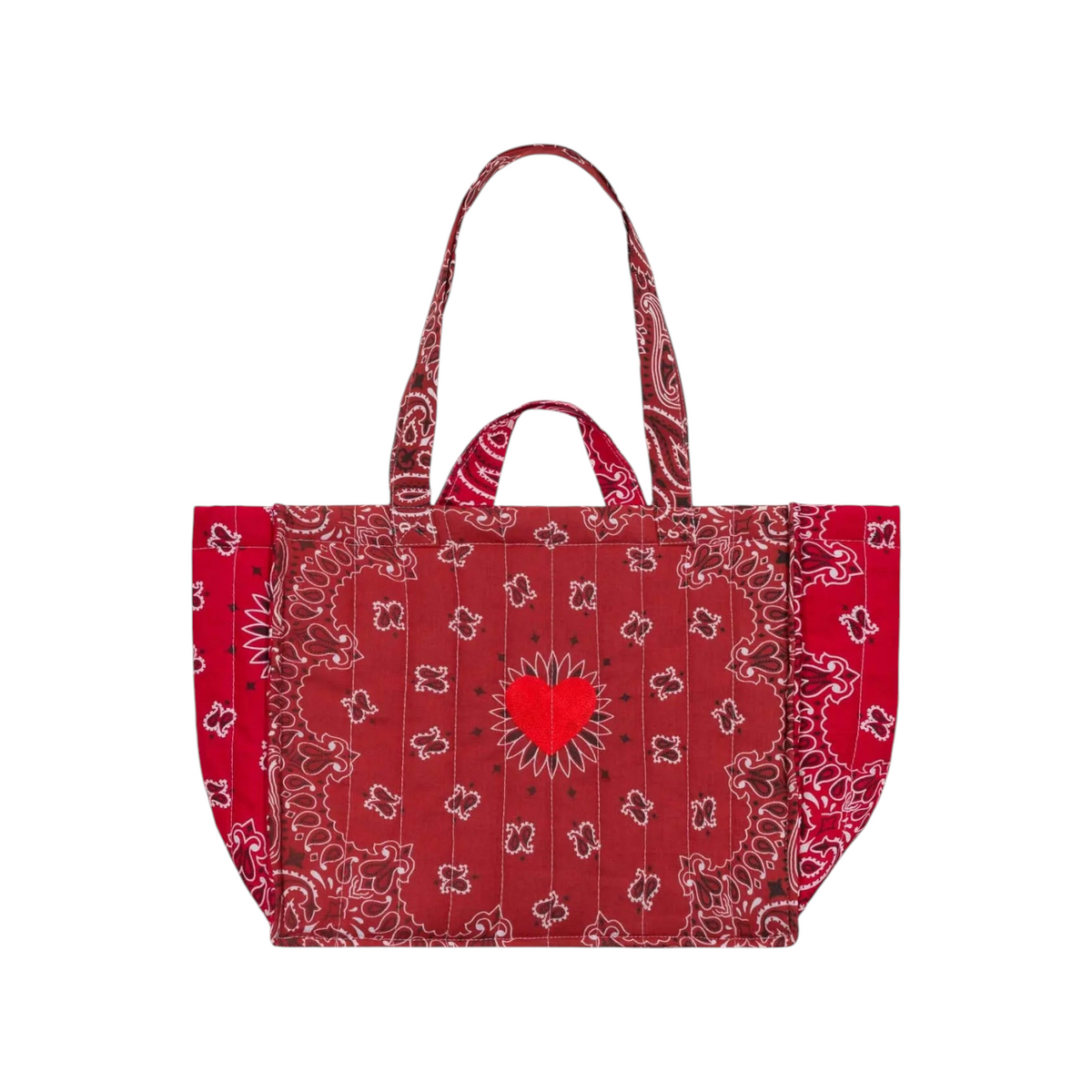 The Tiny Finch quilted red bandana print tote bag with embroidered heart detail and dual carry handles